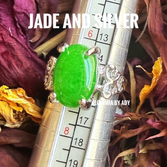 Jade and White Sapphire Cocktail Ring in Sterling Silver Silver and green jade cocktail ring